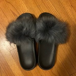 Dark Gray Fur Slides